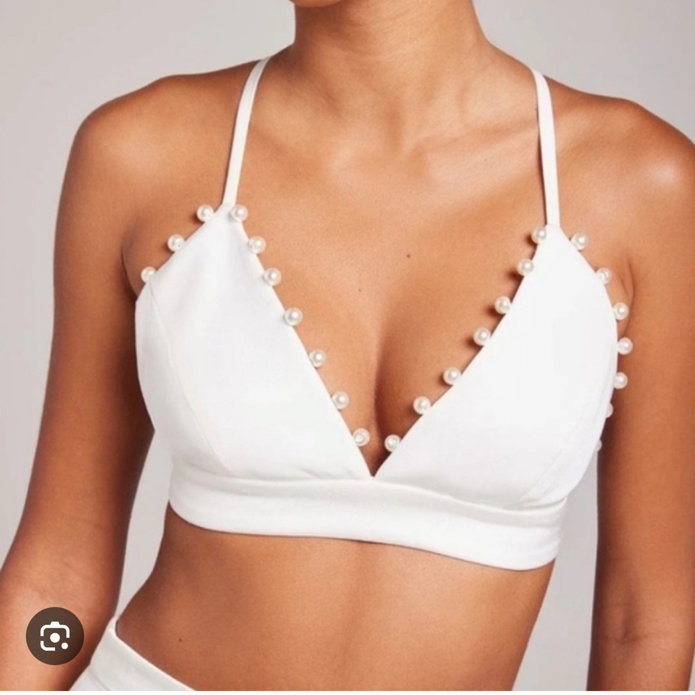 NADINE MERABI Charlotte White Pearl Embellished Bralette - Picture 2 of 8
